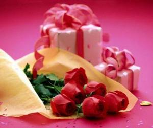 Puzzle Κόκκινα τριαντάφυλλα και ένα δώρο για του Αγίου Βαλεντίνου
